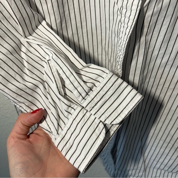 Chaps Light Academia Black and White 3/4 Sleeve Striped Casual Layering Shirt - Picture 4 of 7